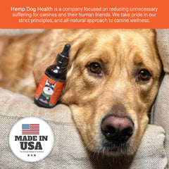 Hemp Dog Health Ease labeled bottle showing USA-made, natural pet wellness.