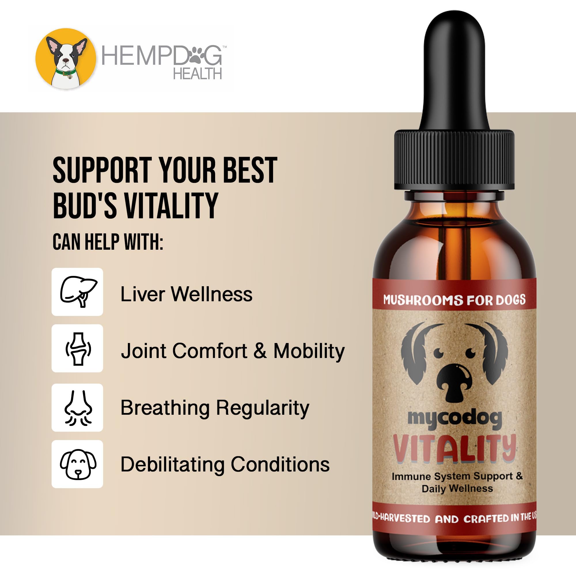 Hemp Dog Health MycoDog Vitality label closeup highlights turkey tail and reishi mushrooms.