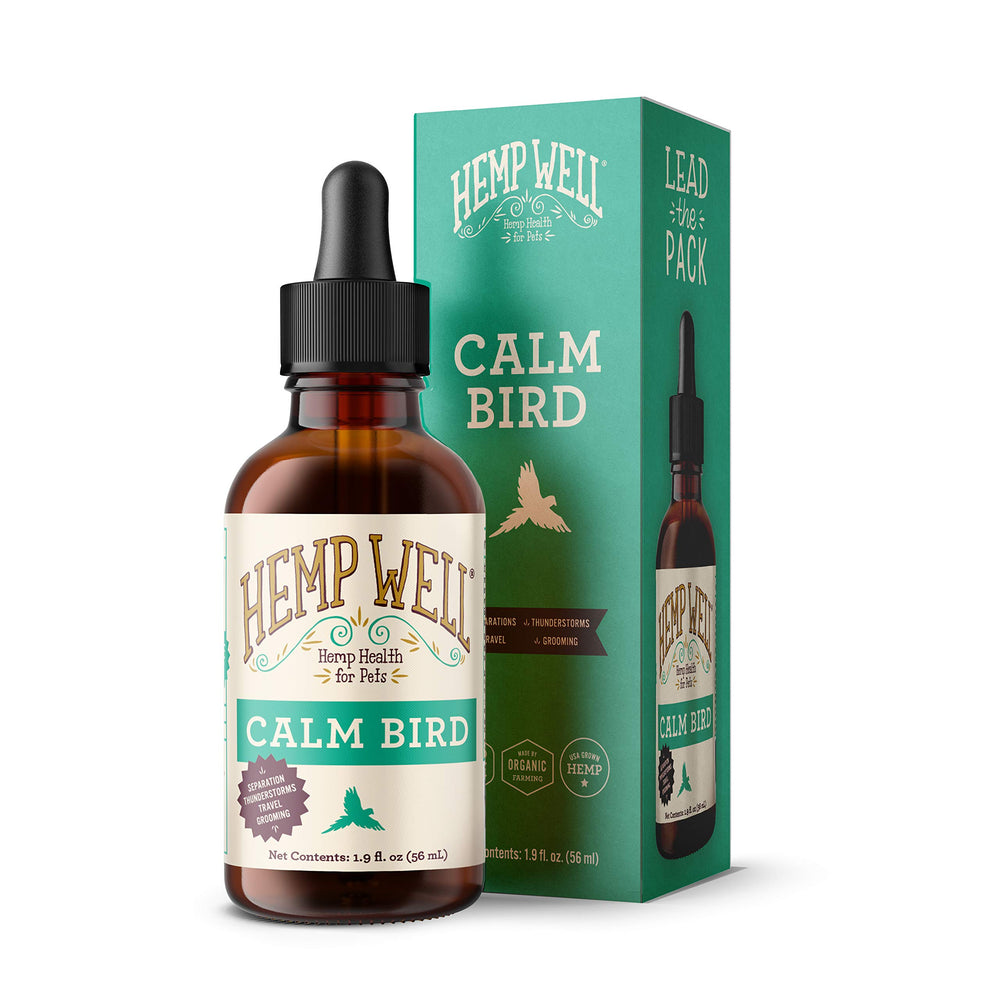 Hemp Well Calm Bird Oil bottle front view, portable calming solution for birds.