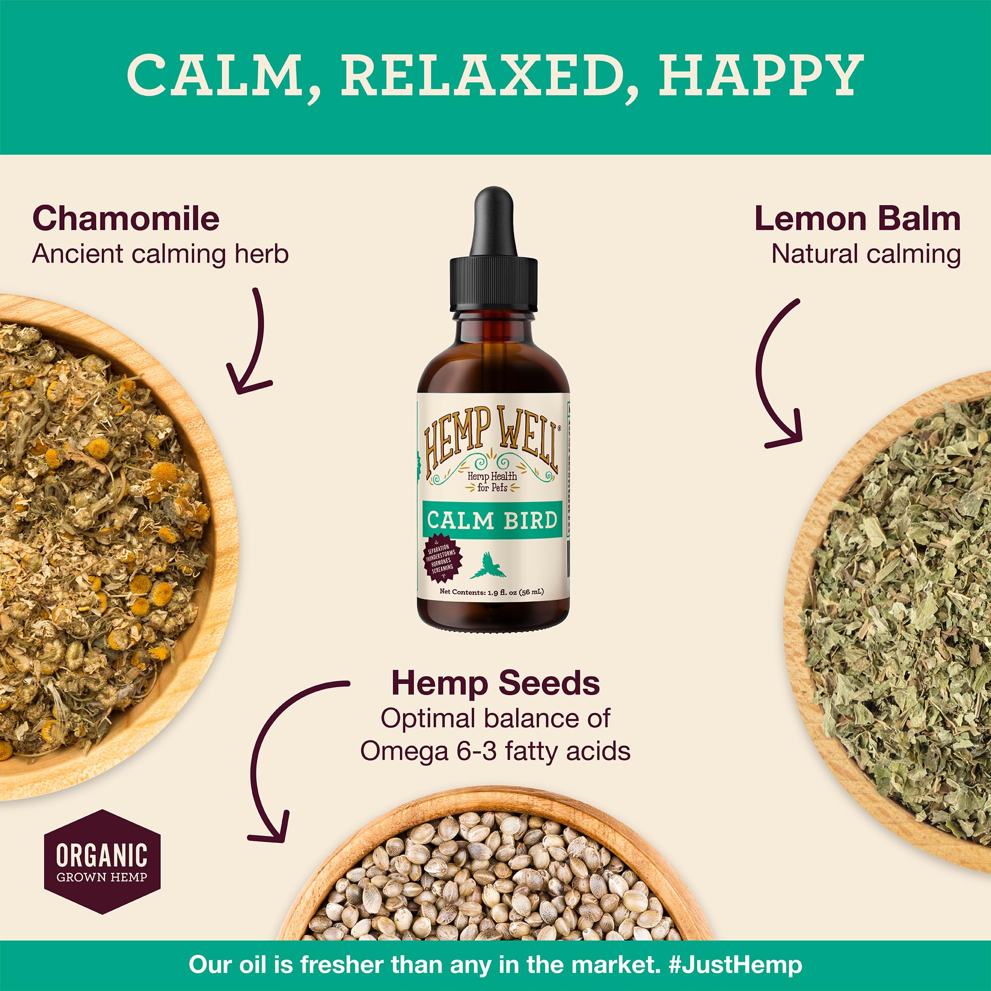 Hemp Well Calm Bird Oil label close-up highlights organic ingredients.