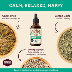 Hemp Well Calm Bird Oil label close-up highlights organic ingredients.