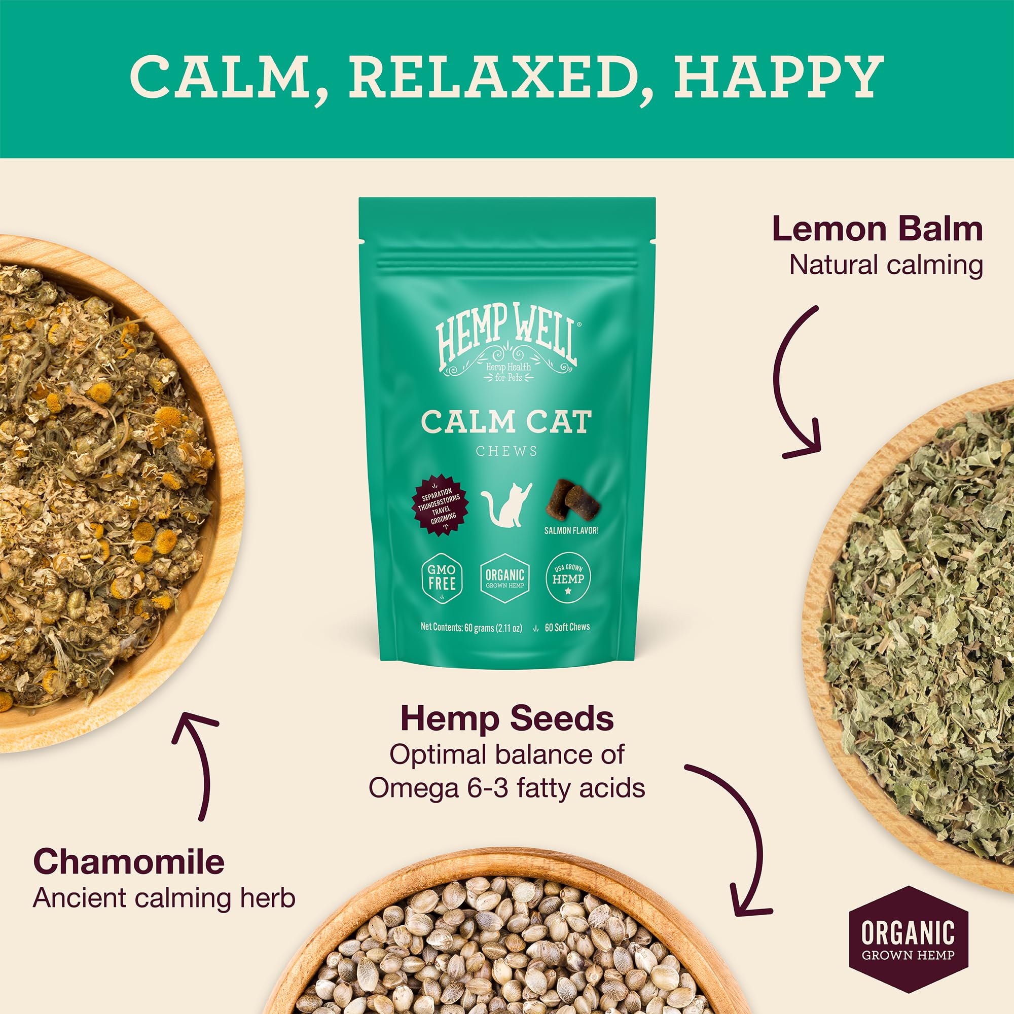 Hemp Well Calm Cat Soft Chews tray close-up shows texture for easy dosing.