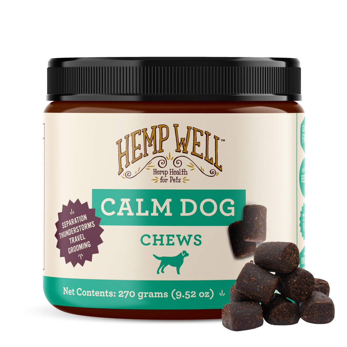 Hemp Well Calm Dog Soft Chews bottle on table promotes calm mood during travel