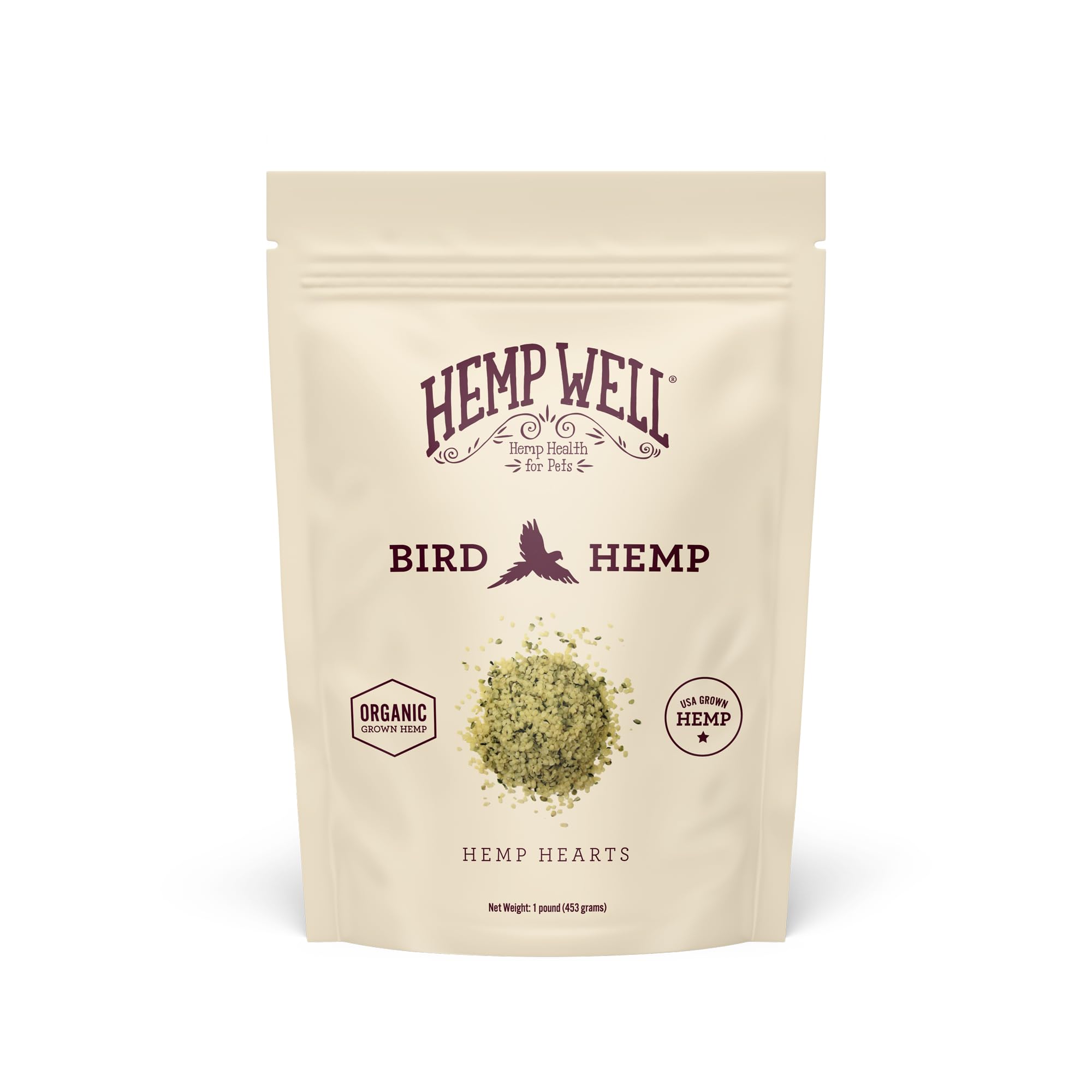 Hemp Well Organic Hemp Hearts for Birds, bag front, feather health benefit.