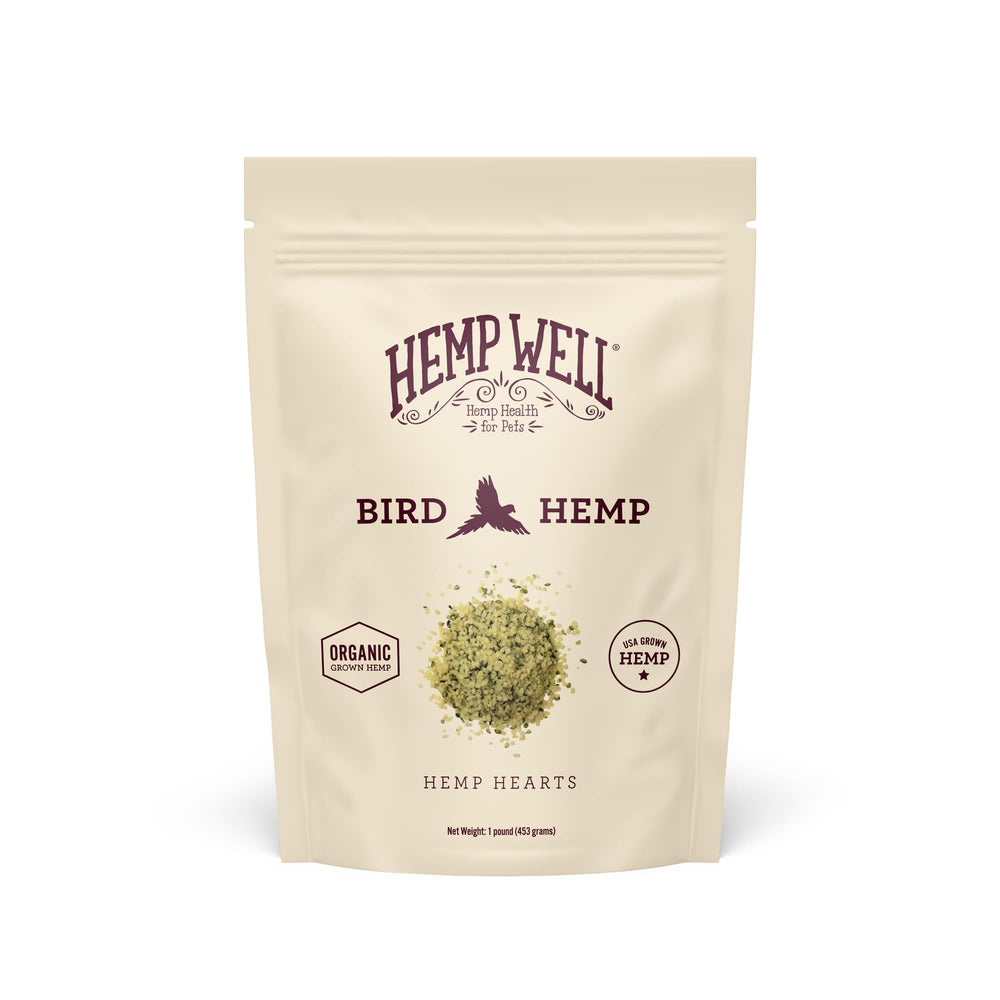 Hemp Well Organic Hemp Hearts for Birds, bag front, feather health benefit.