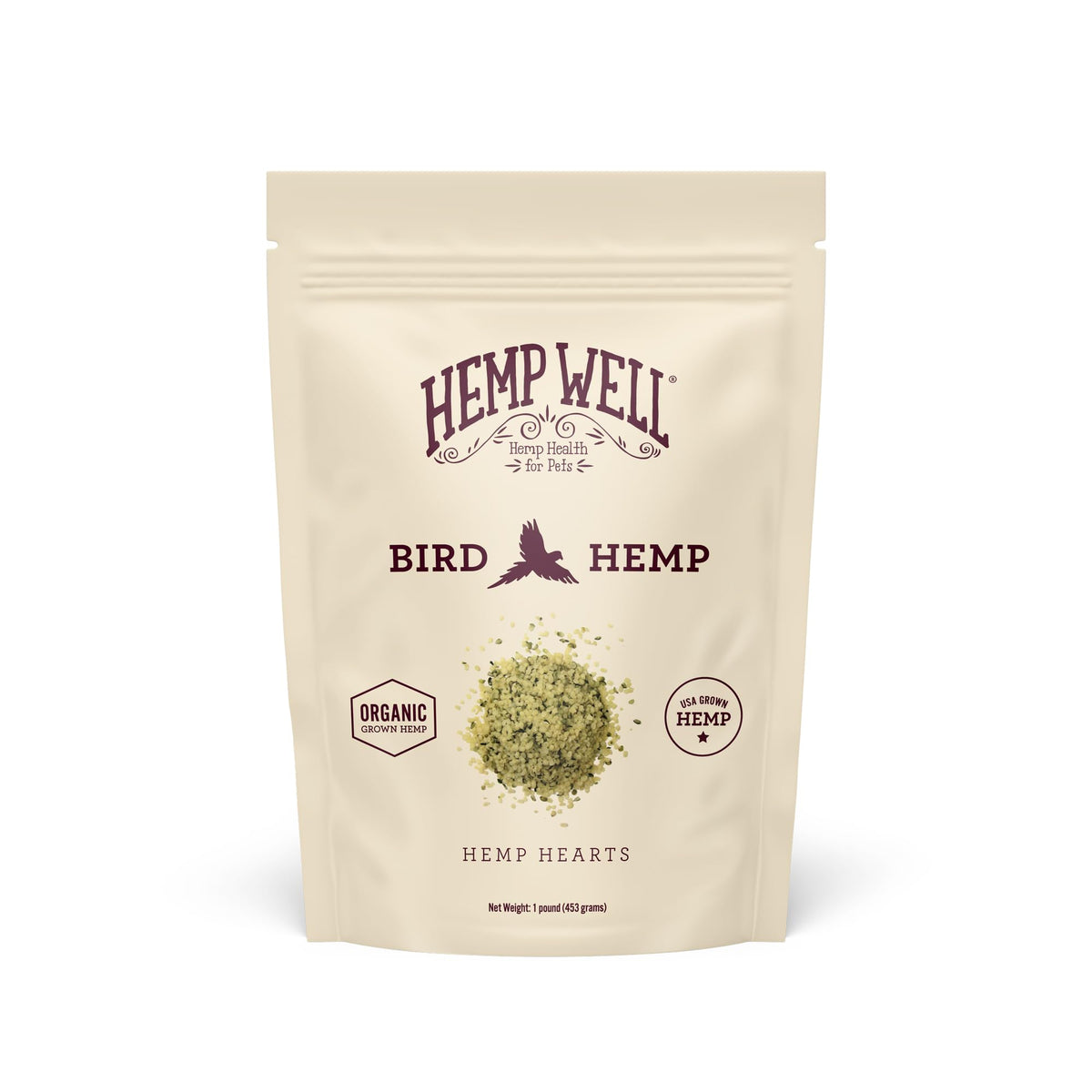Hemp Well Organic Hemp Hearts for Birds, bag front, feather health benefit.