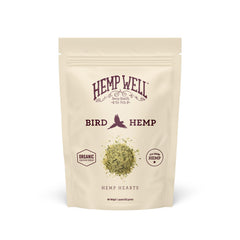 Hemp Well Organic Hemp Hearts for Birds, bag front, feather health benefit.