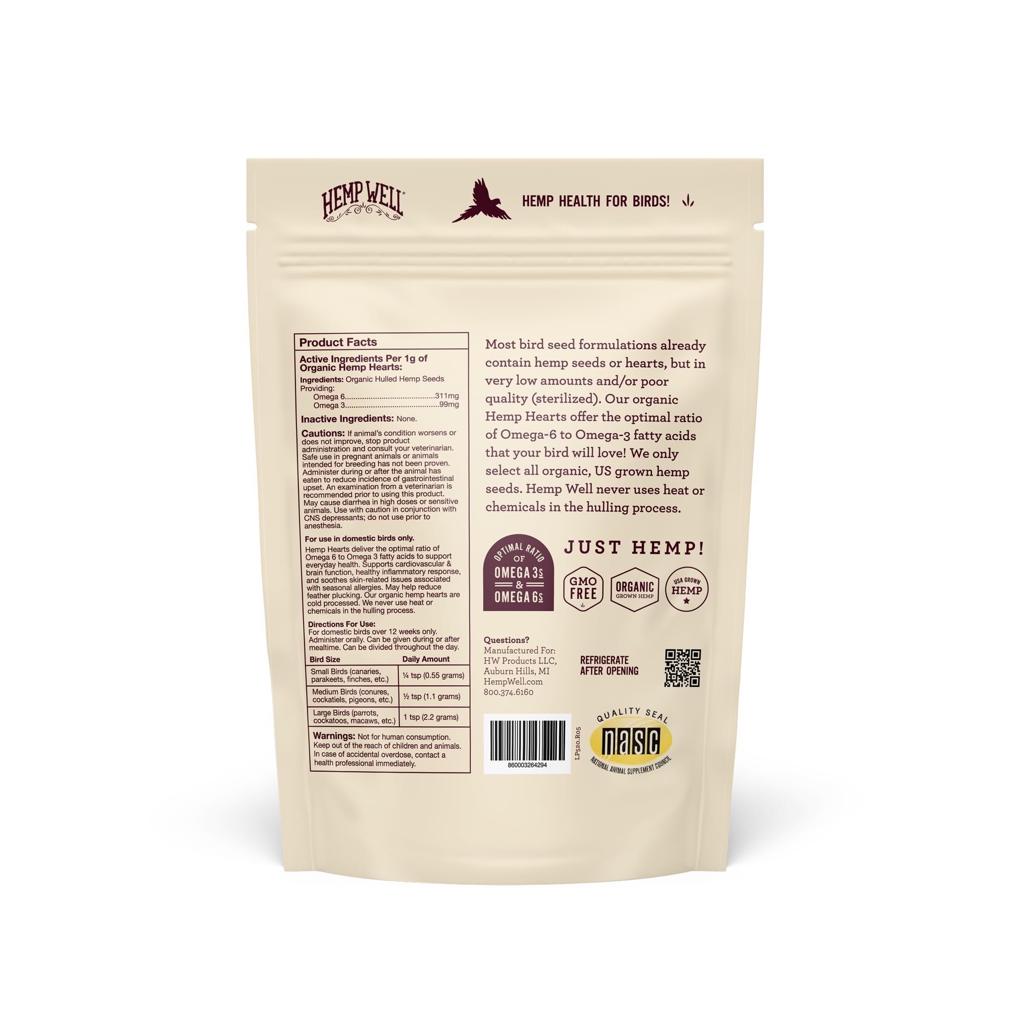 Hemp Well label close-up showing organic USA-grown sourcing for birds.