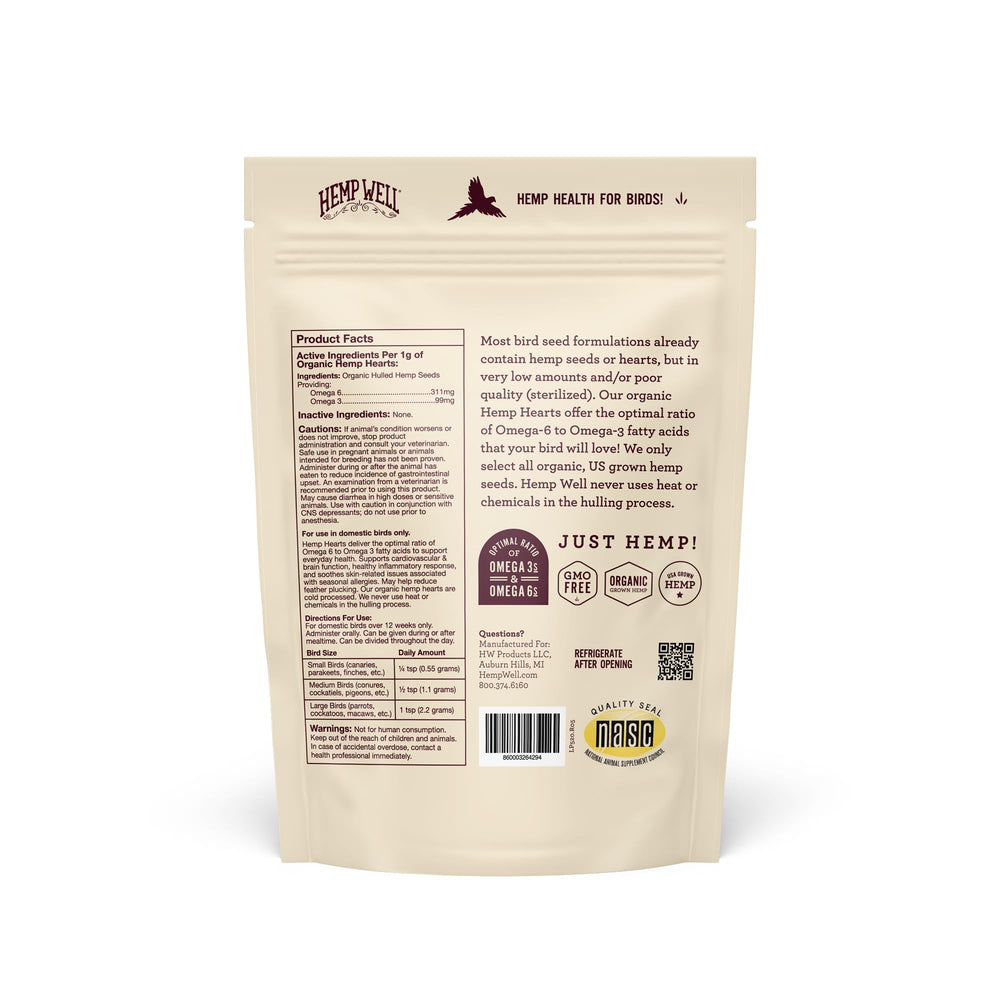 Hemp Well label close-up showing organic USA-grown sourcing for birds.