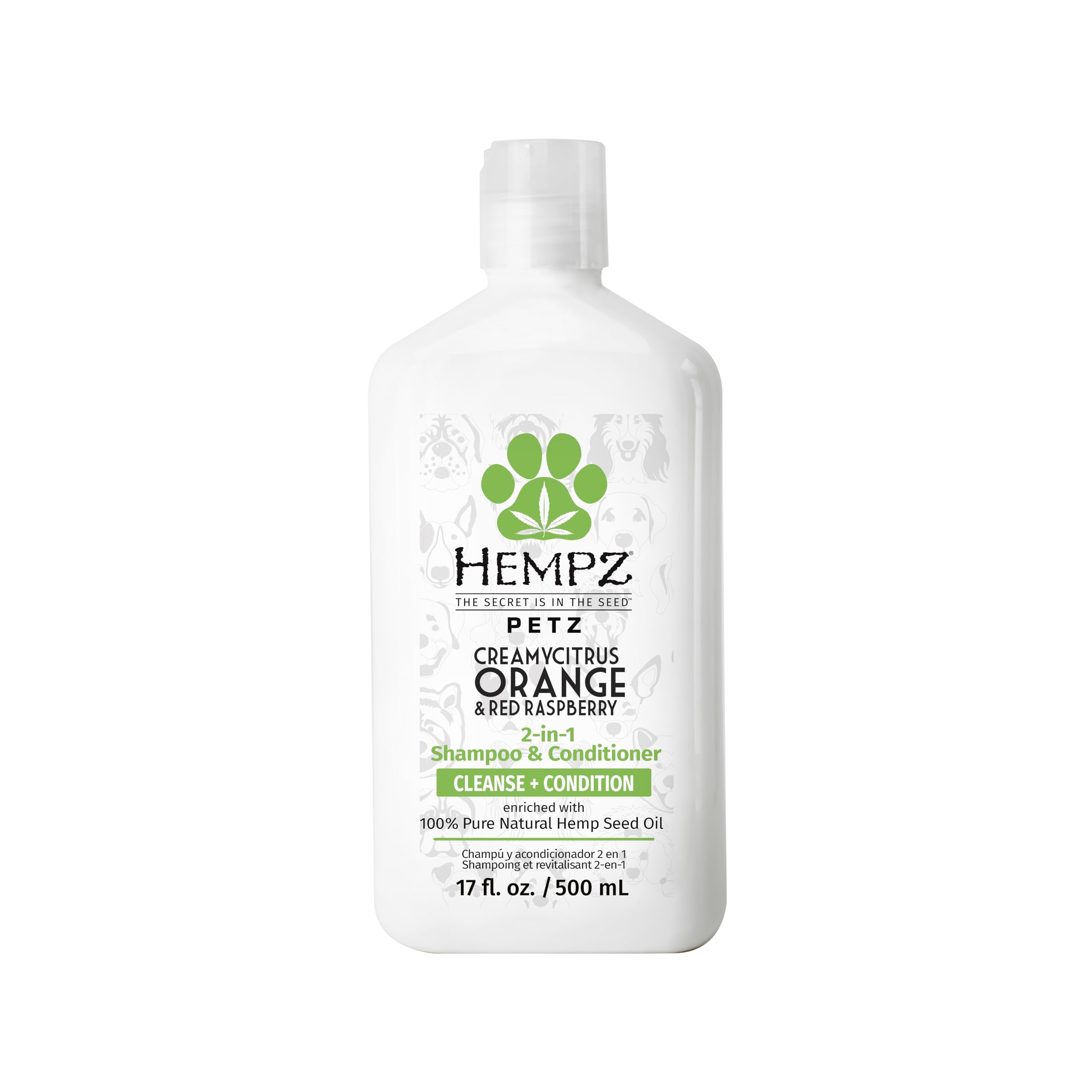 Hempz Petz 2-in-1 shampoo bottle with hemp seed oil for moisturized coat.