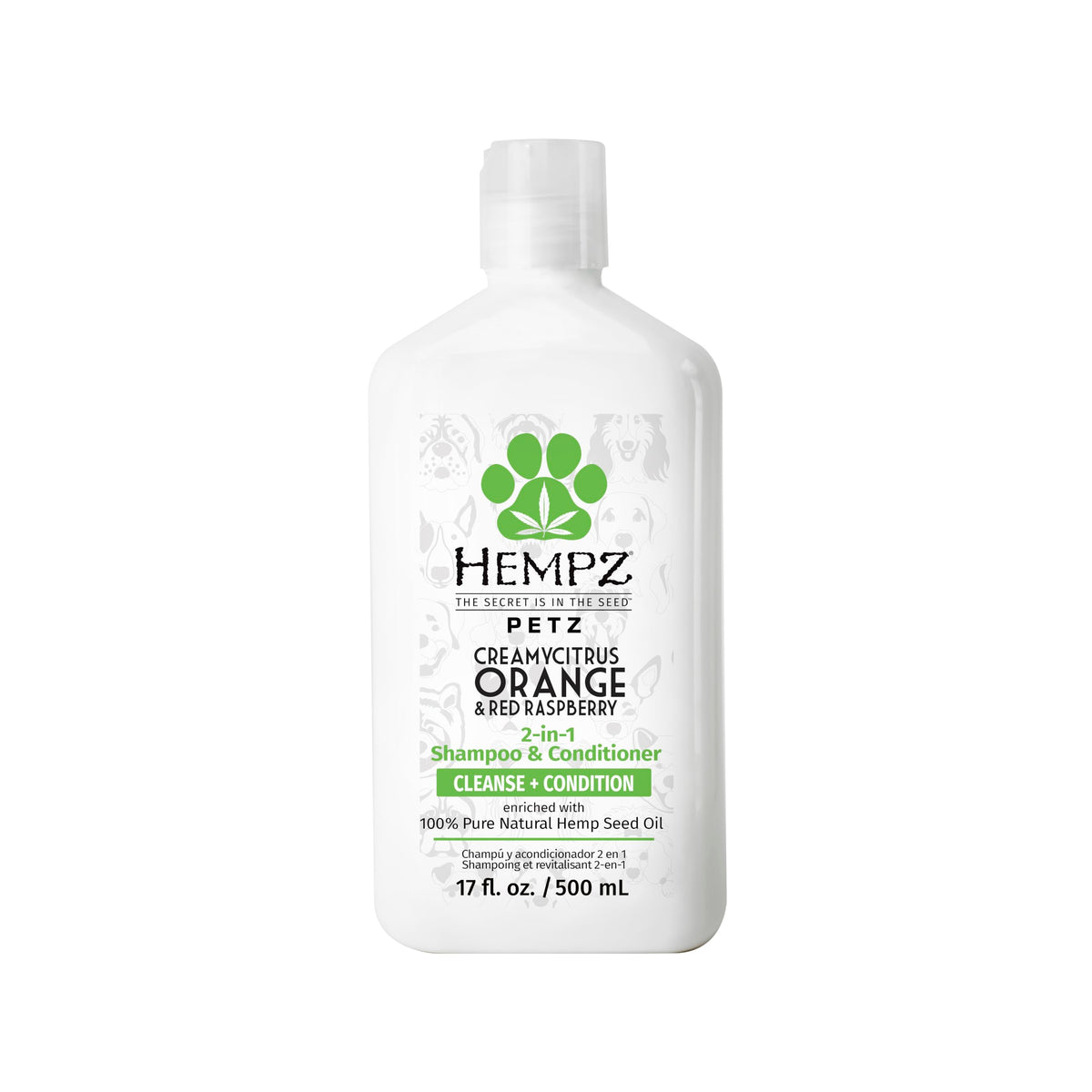 Hempz Petz 2-in-1 shampoo bottle with hemp seed oil for moisturized coat.