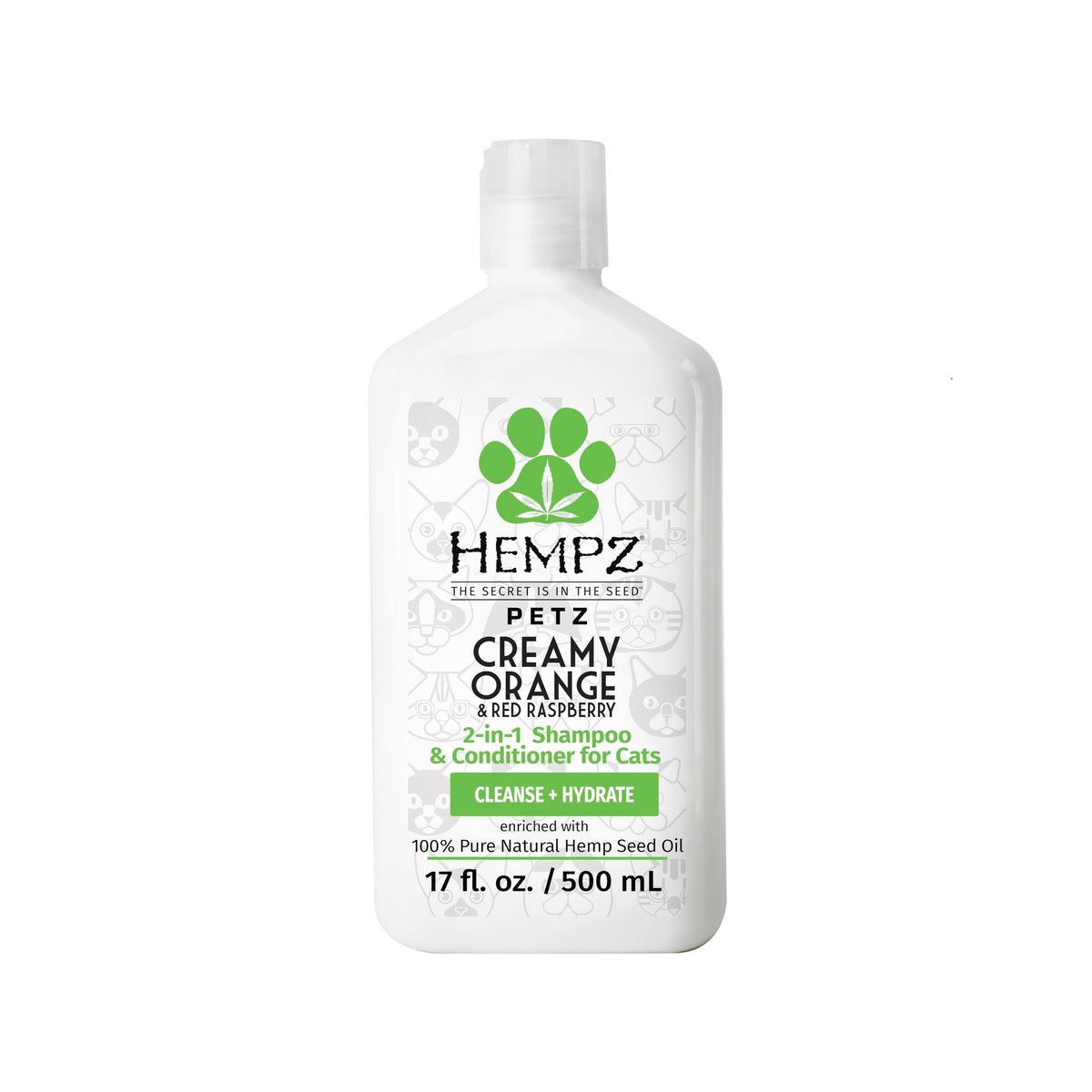 Hempz Petz cat 2-in-1 bottle shows orange-raspberry formula for convenient grooming