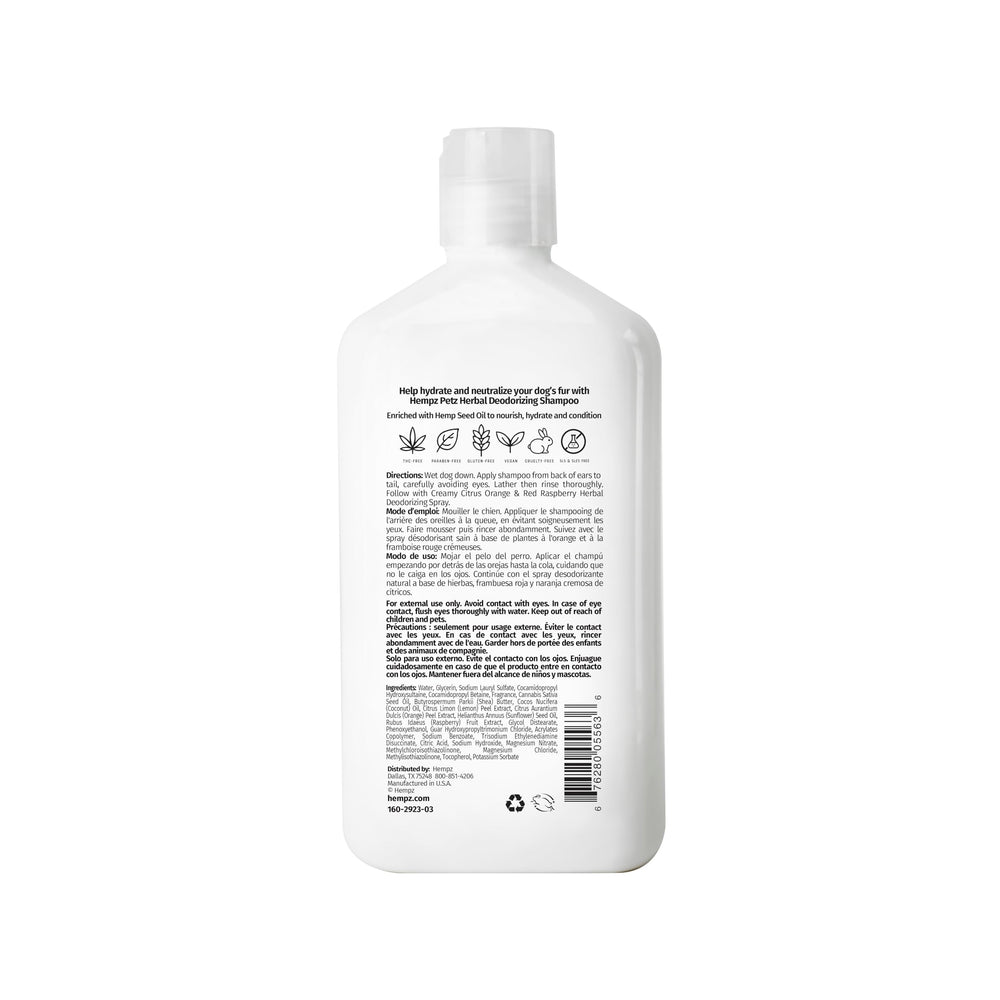 Hempz Petz shampoo label shows hemp seed oil and vegan formula.