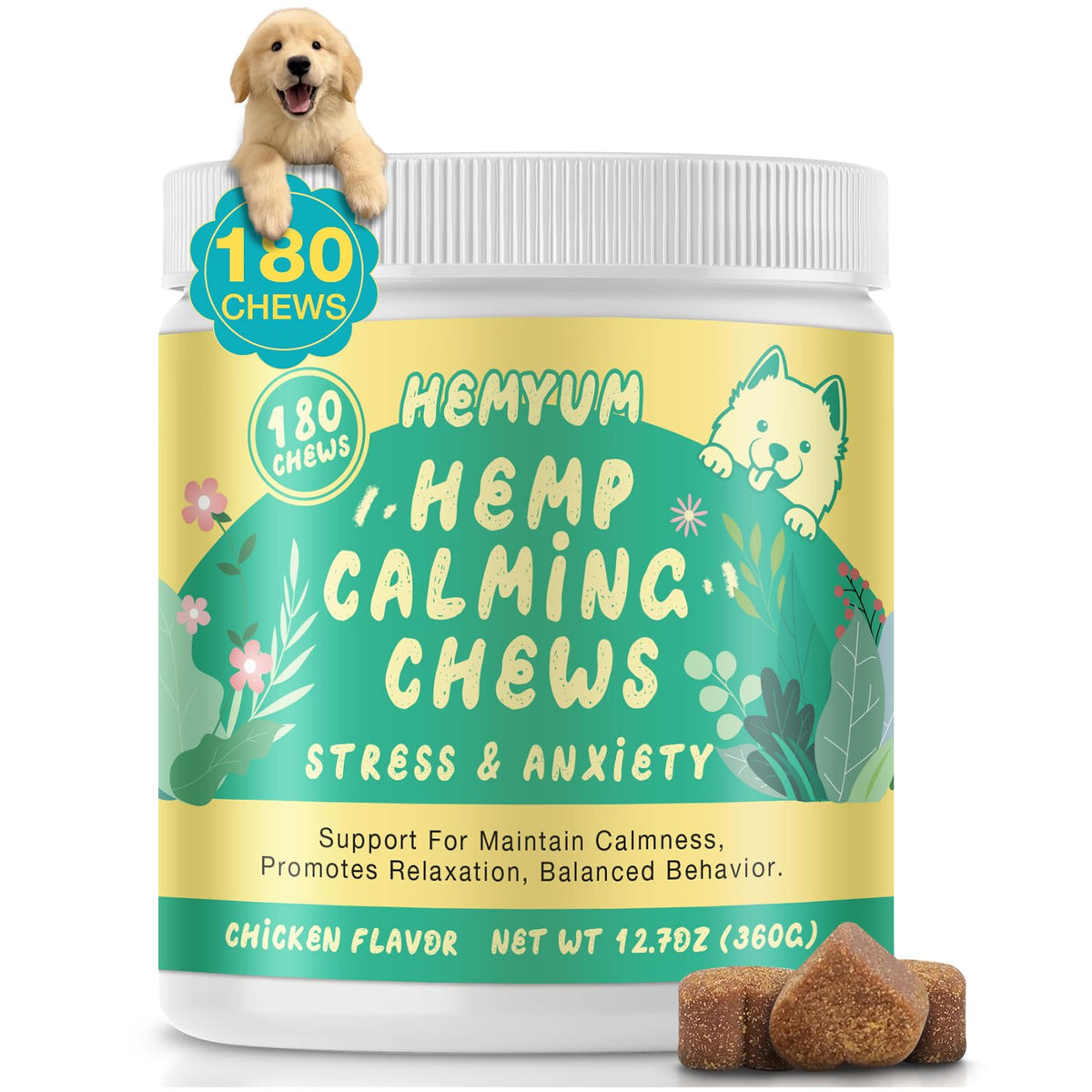 Hemyum calming chews for dogs in chicken flavor bag supports gentle anxiety relief.