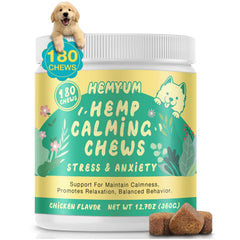 Hemyum calming chews for dogs in chicken flavor bag supports gentle anxiety relief.