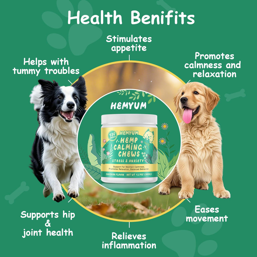Hemyum calming chews aid vet visits by easing dog stress.