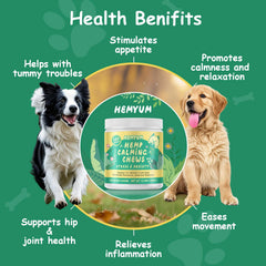 Hemyum calming chews aid vet visits by easing dog stress.