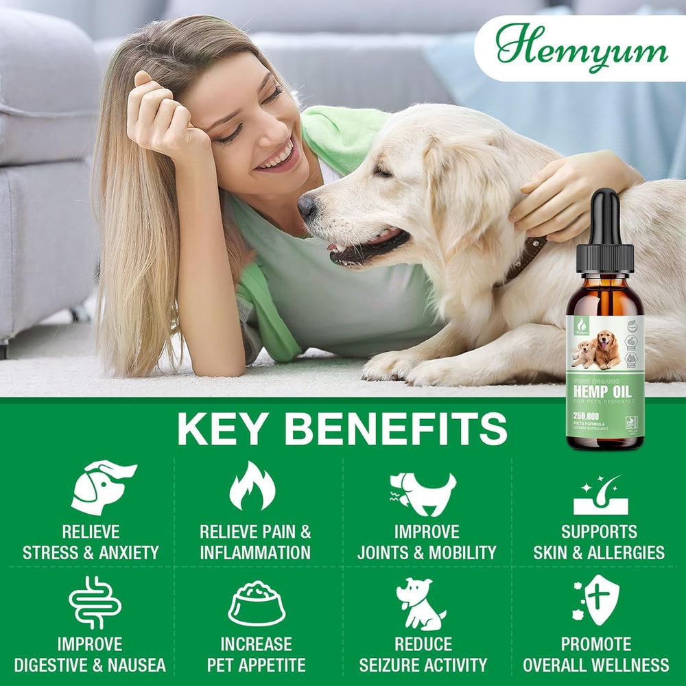 Hemyum hemp oil dropper closeup showing precise dosage for easy pet care.