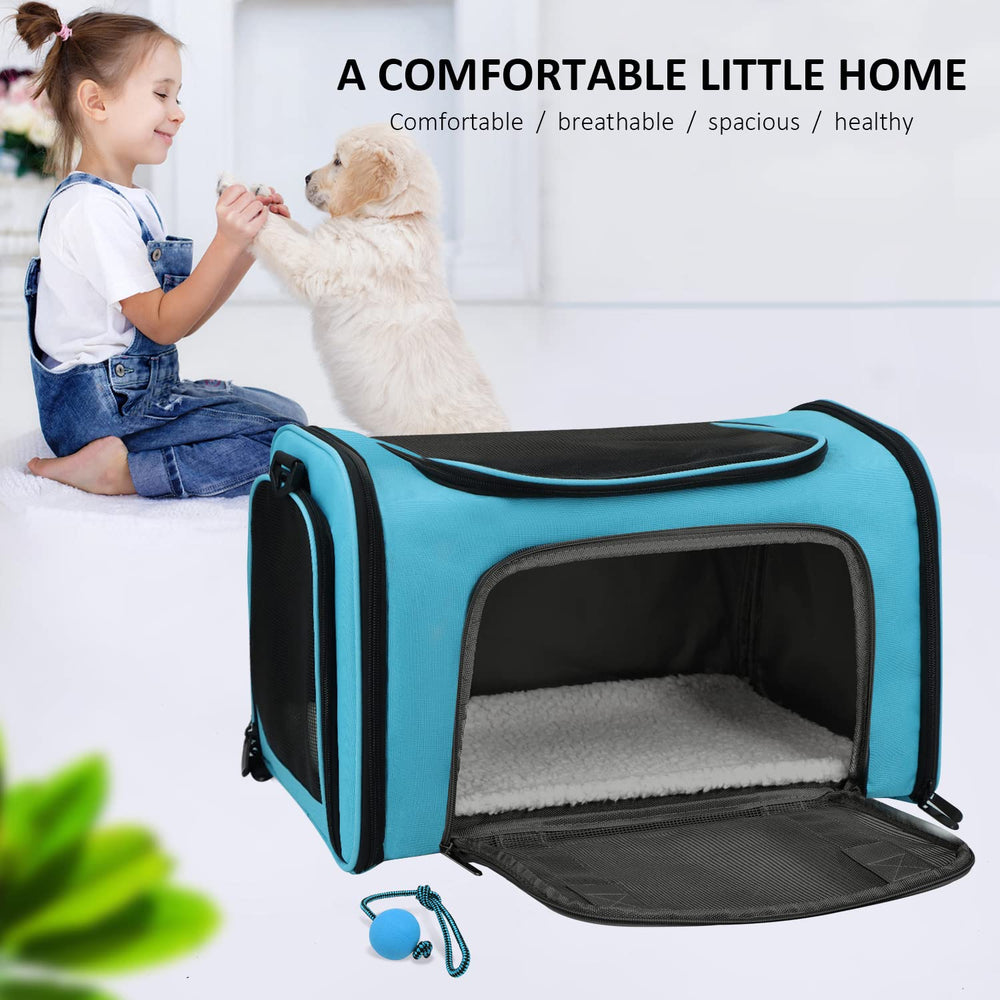 Henkelion dog carrier blue travel-strap view emphasizes comfortable carrying
