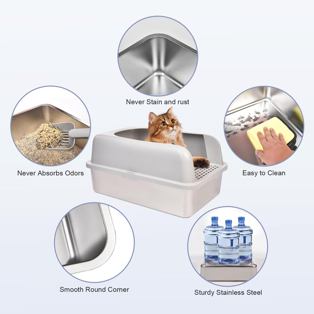 Henkelion high-sided stainless litter box containing litter and splashes.