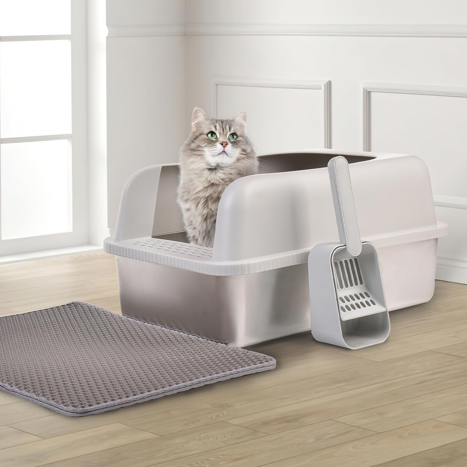 Henkelion mat included helps trap litter near the box.