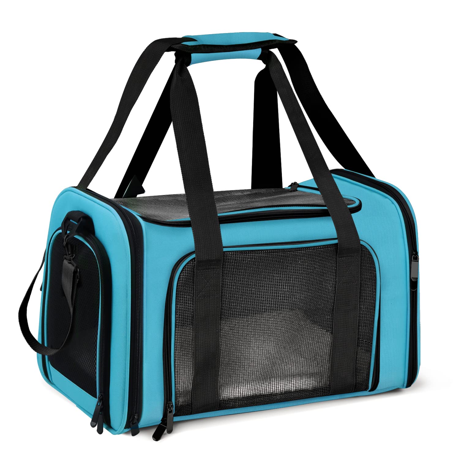 Henkelion pet carrier blue front view, travel-ready design for small pets