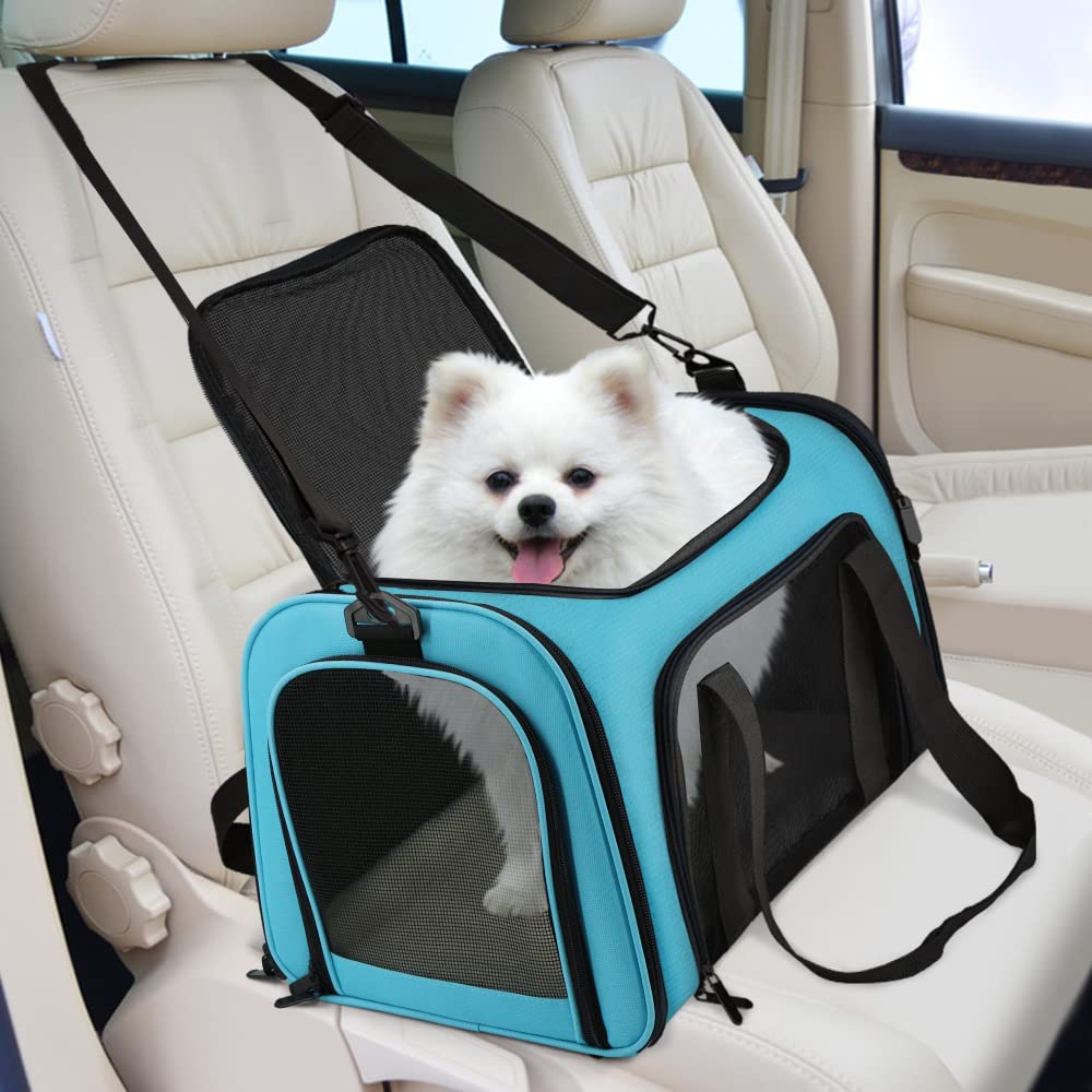 Henkelion pet carrier blue shoulder strap, hands-free comfort during trips
