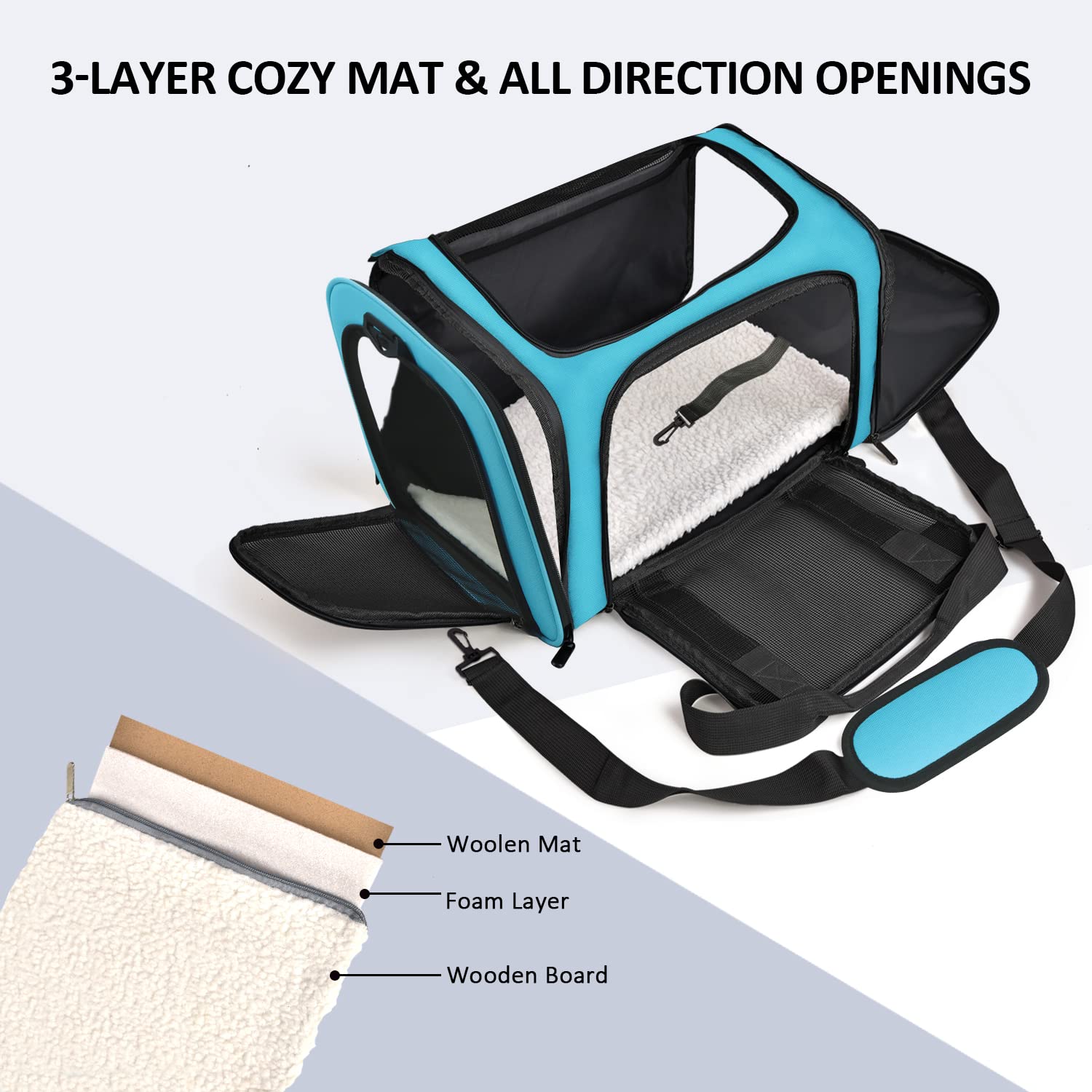 Henkelion pet carrier blue side view, portable for on-the-go travel