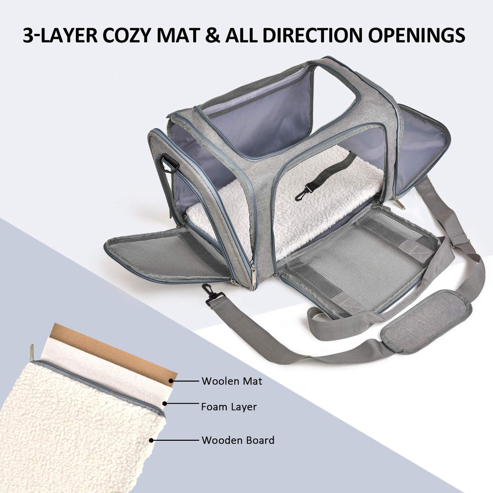 Henkelion Pet Carrier side view demonstrates compact profile for easy stowaway.