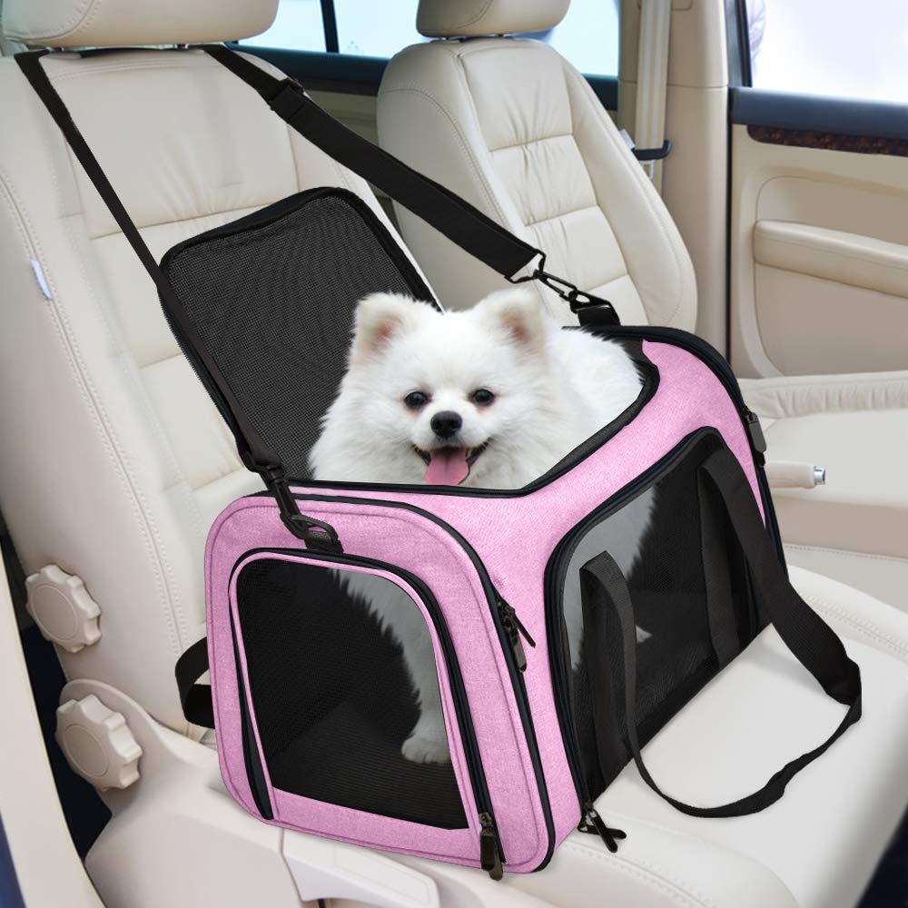 Henkelion pet carrier pink folded view, collapsible for space-saving storage.