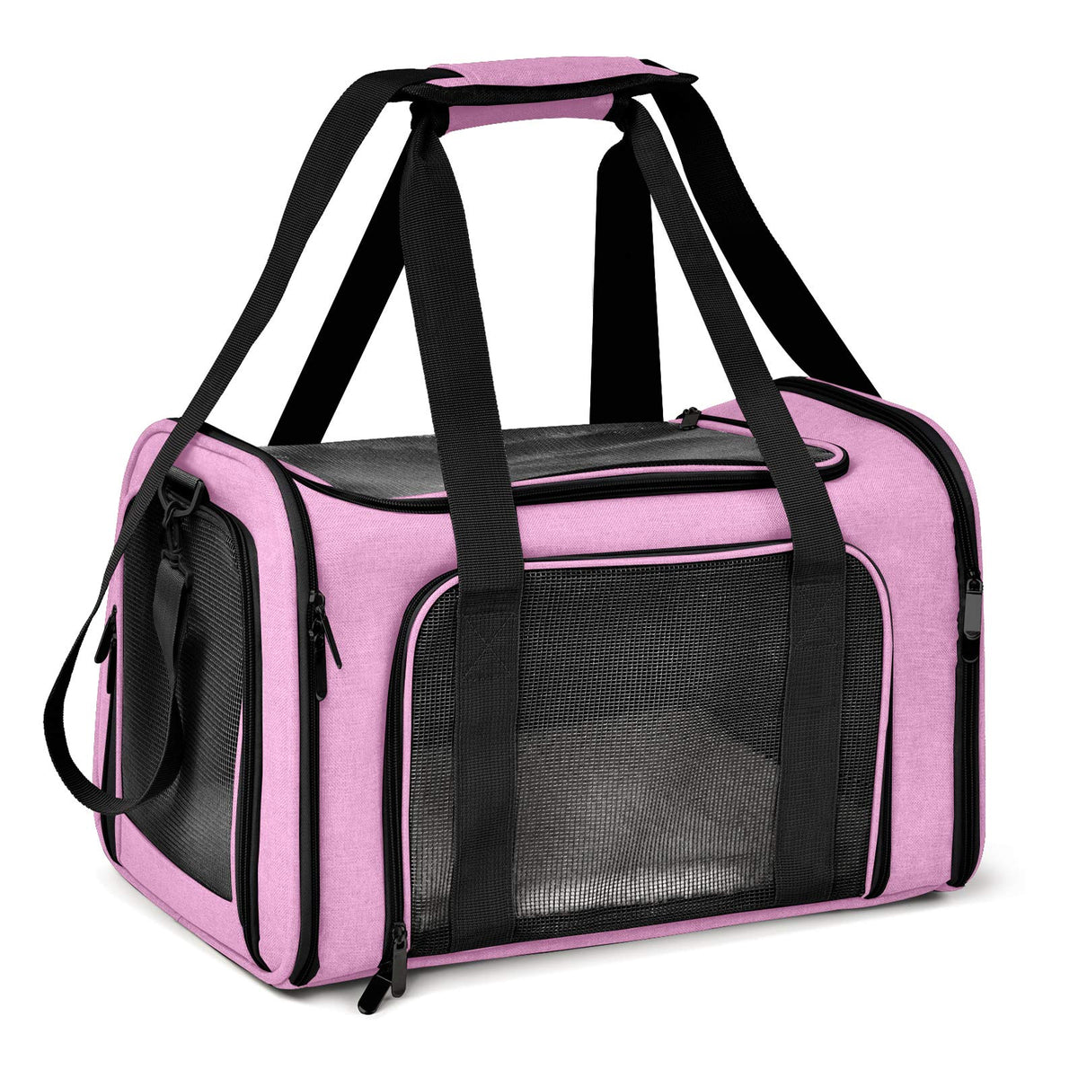 Henkelion pet carrier pink front view, travel-ready for small pets.