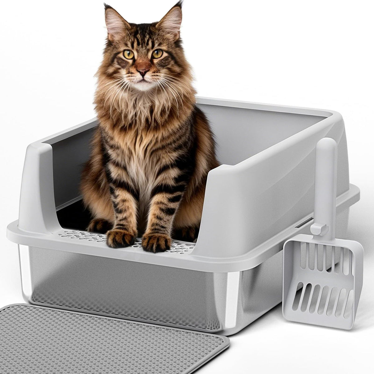 Henkelion stainless steel cat litter box with lid, durable and easy to clean.
