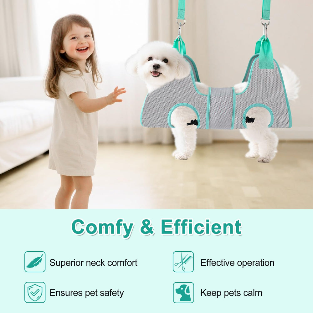 Henyopet grooming hammock harness setup demonstrates easy two-person operation