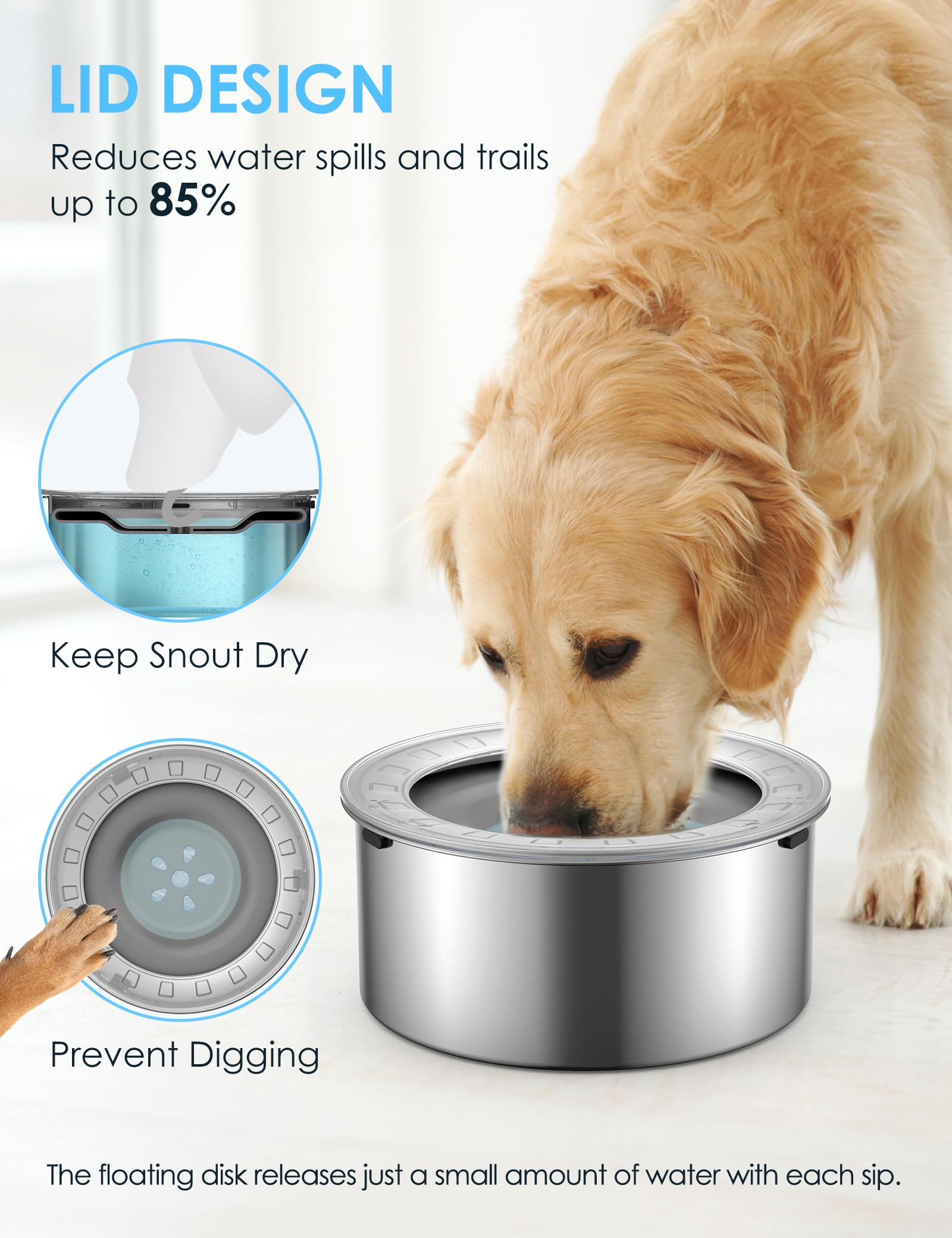 Heouvo spill-proof dog water bowl with rubber bottom for stability.
