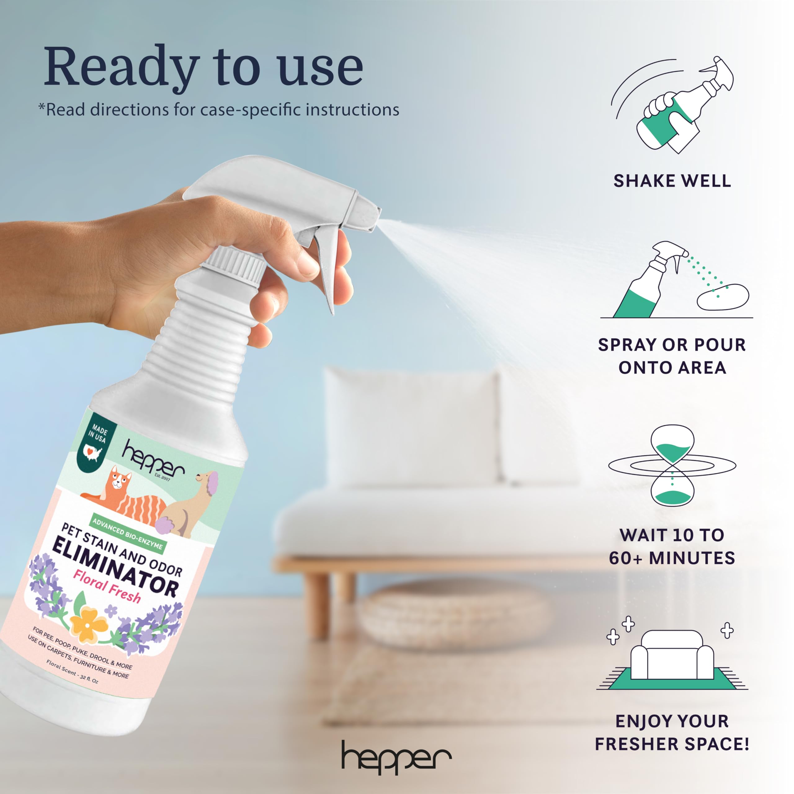 Hepper spray tackles pet mess on floors and carpets.