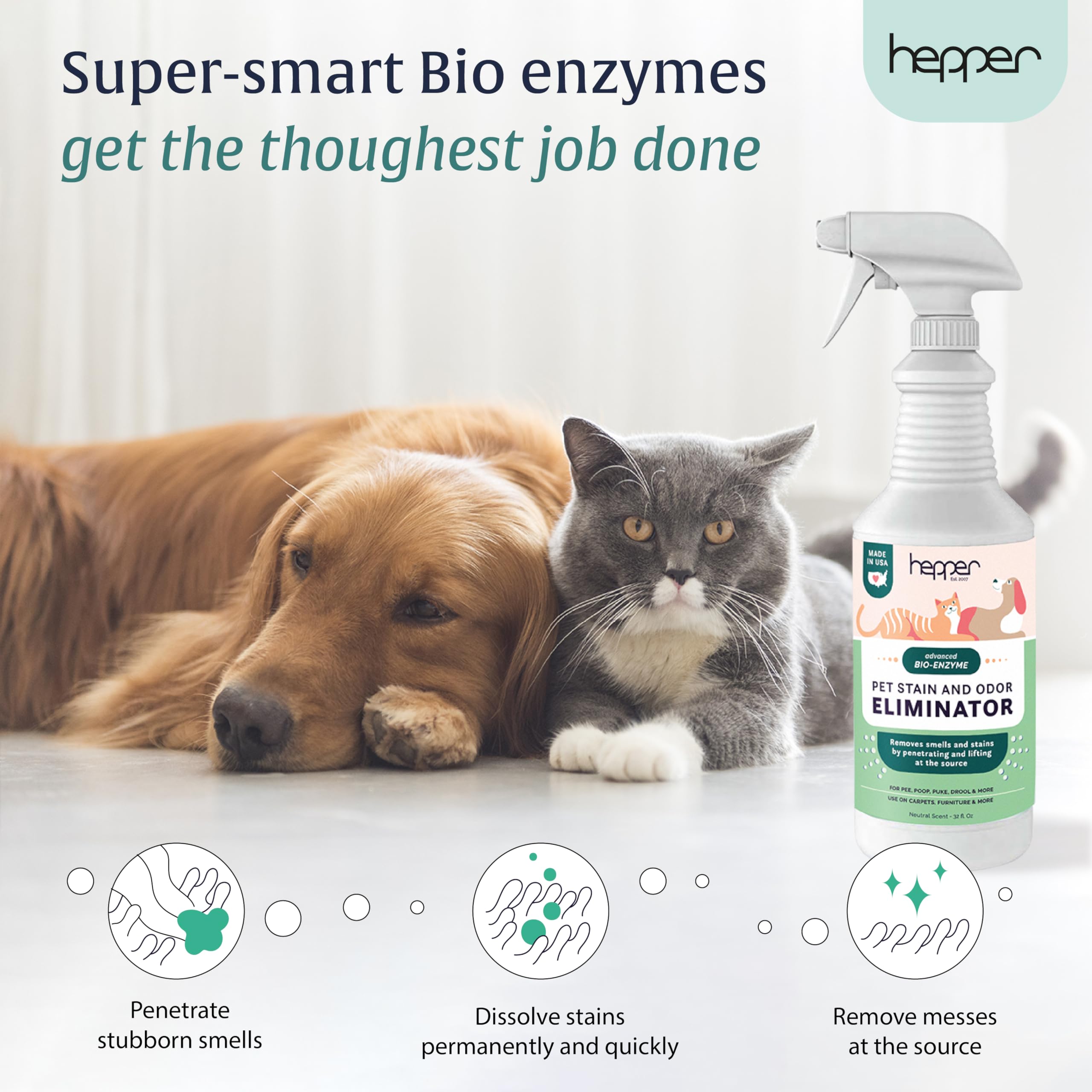 Hepper Advanced Bio-Enzyme spray mist covers a surface for odor elimination