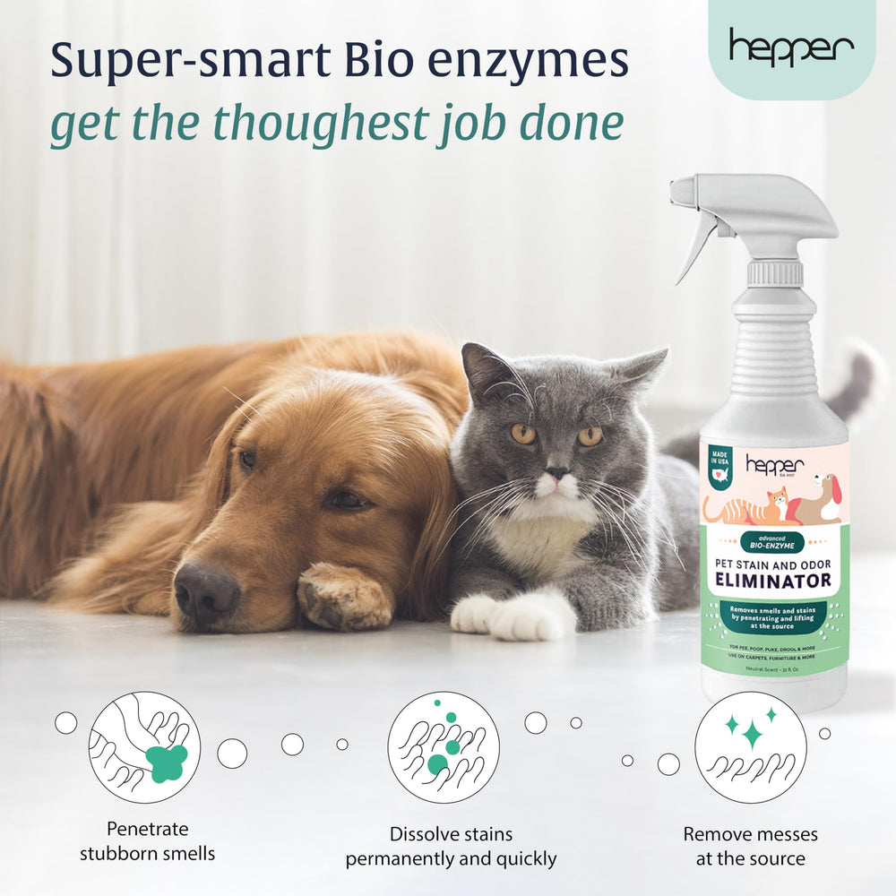 Hepper Advanced Bio-Enzyme spray mist covers a surface for odor elimination