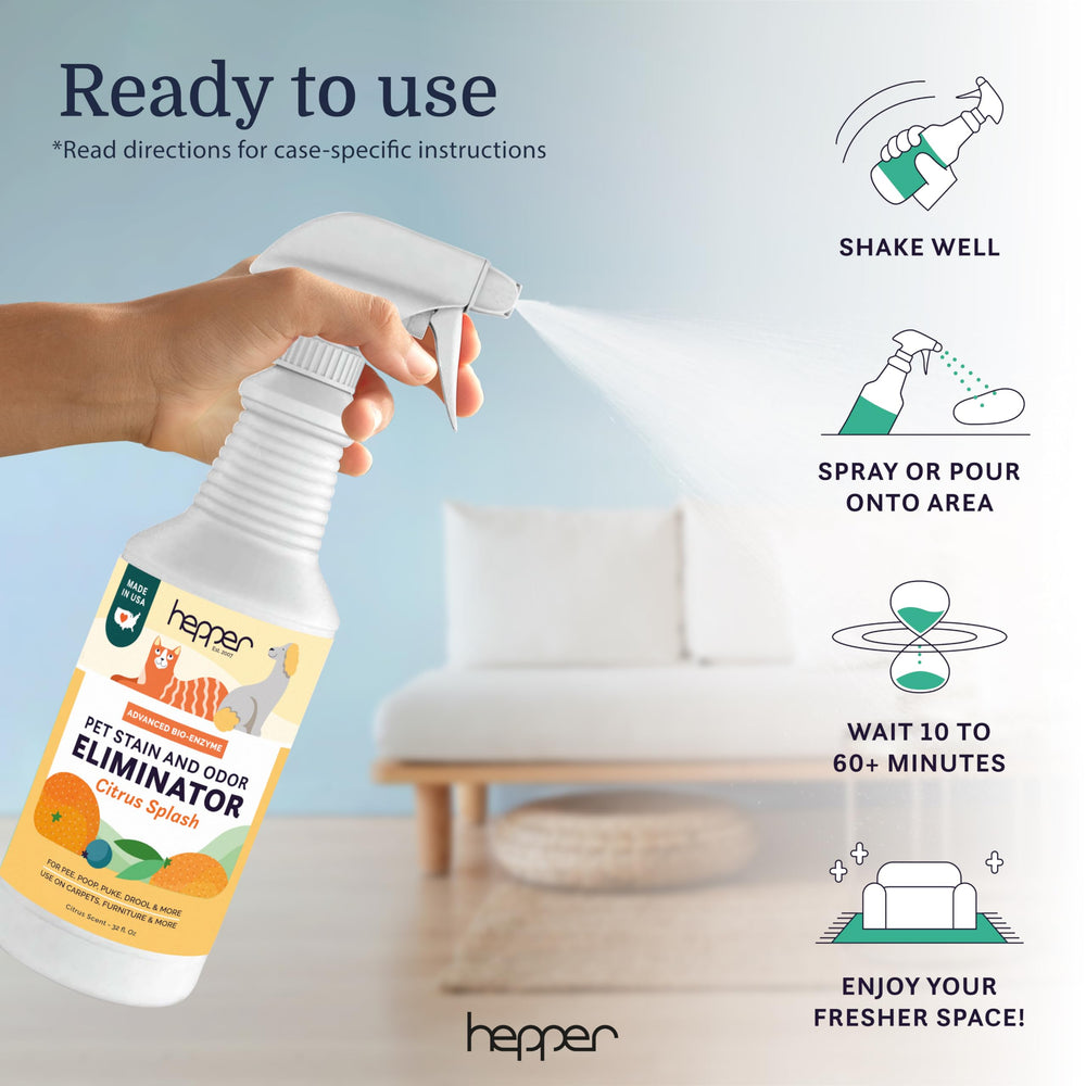 Hepper spray on fabric upholstery showing odor relief