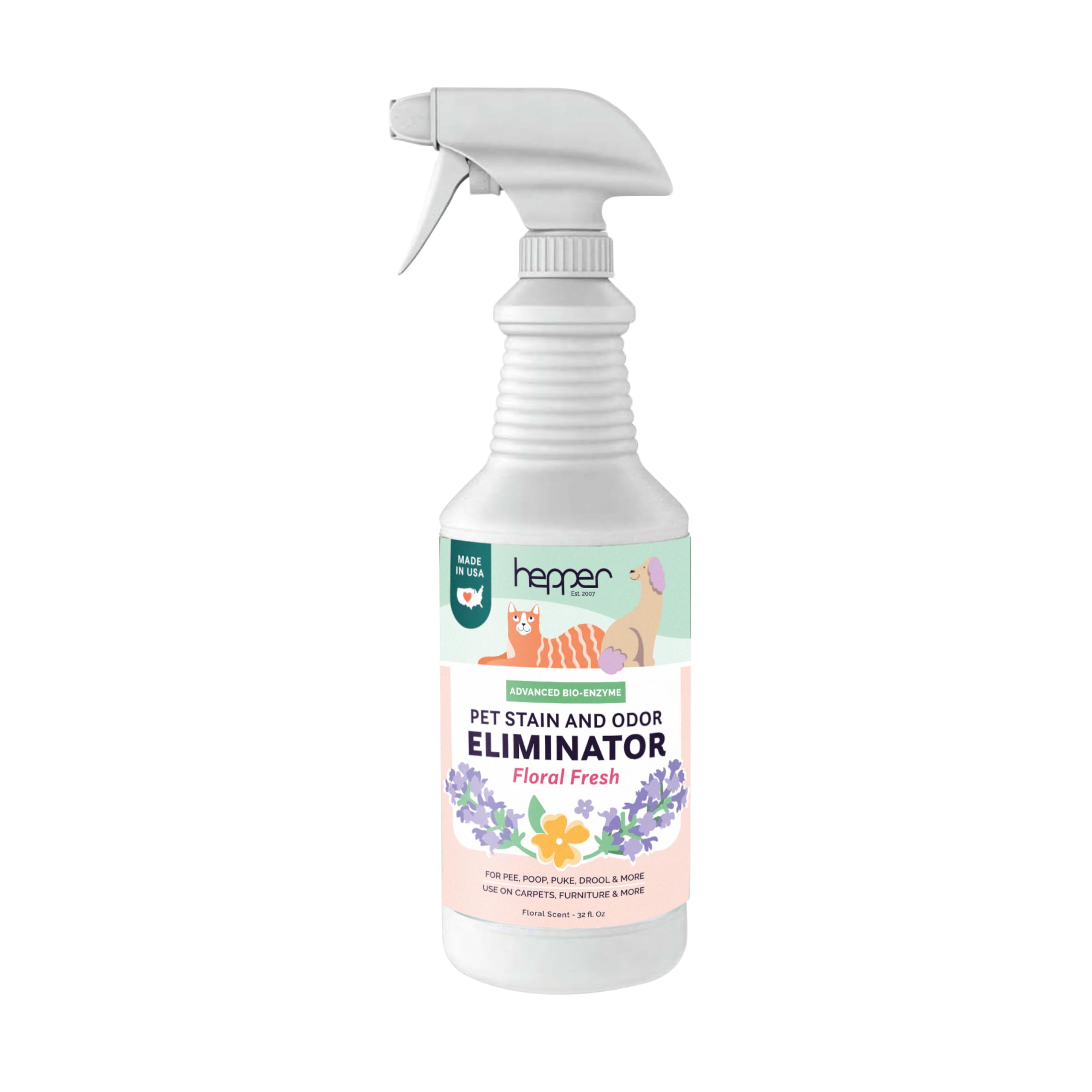 Hepper Advanced Bio-Enzyme Spray bottle front view for stain removal.