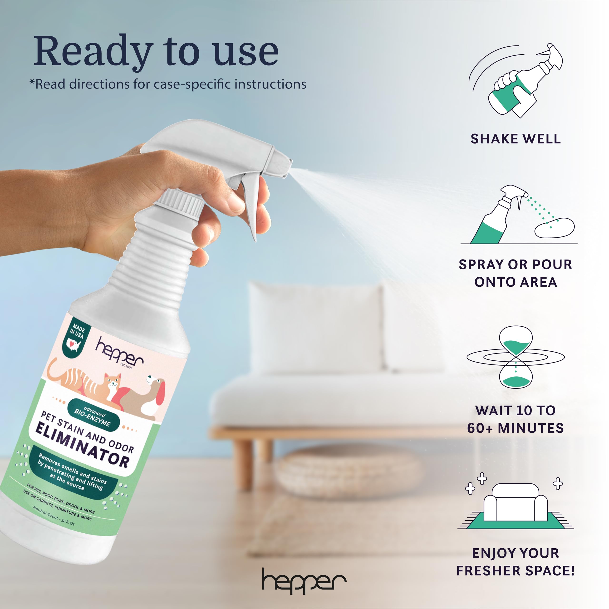 Hepper spray in action with no heavy scrubbing required