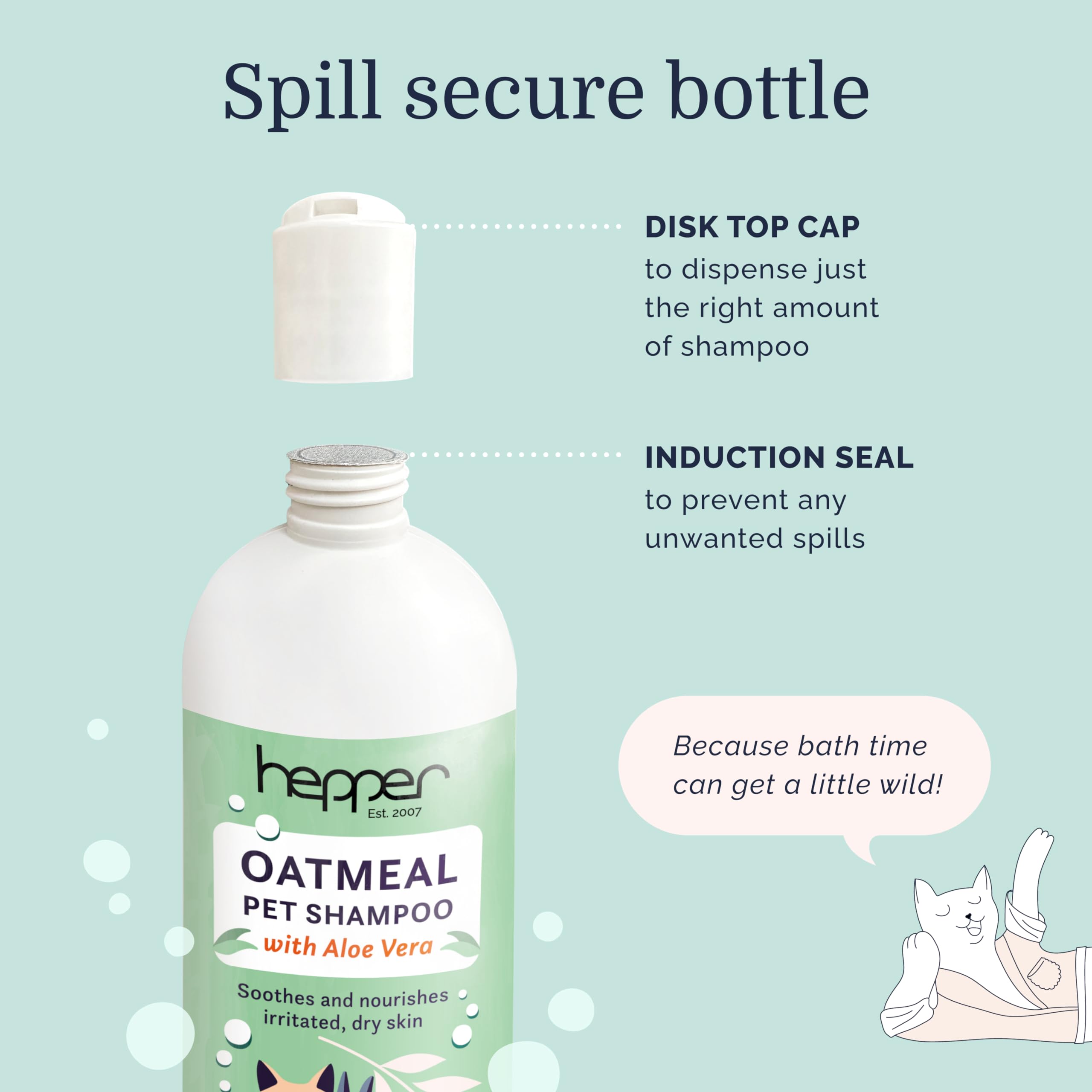 Hepper Oatmeal Shampoo bottle emphasizes aloe and cucumber scent.