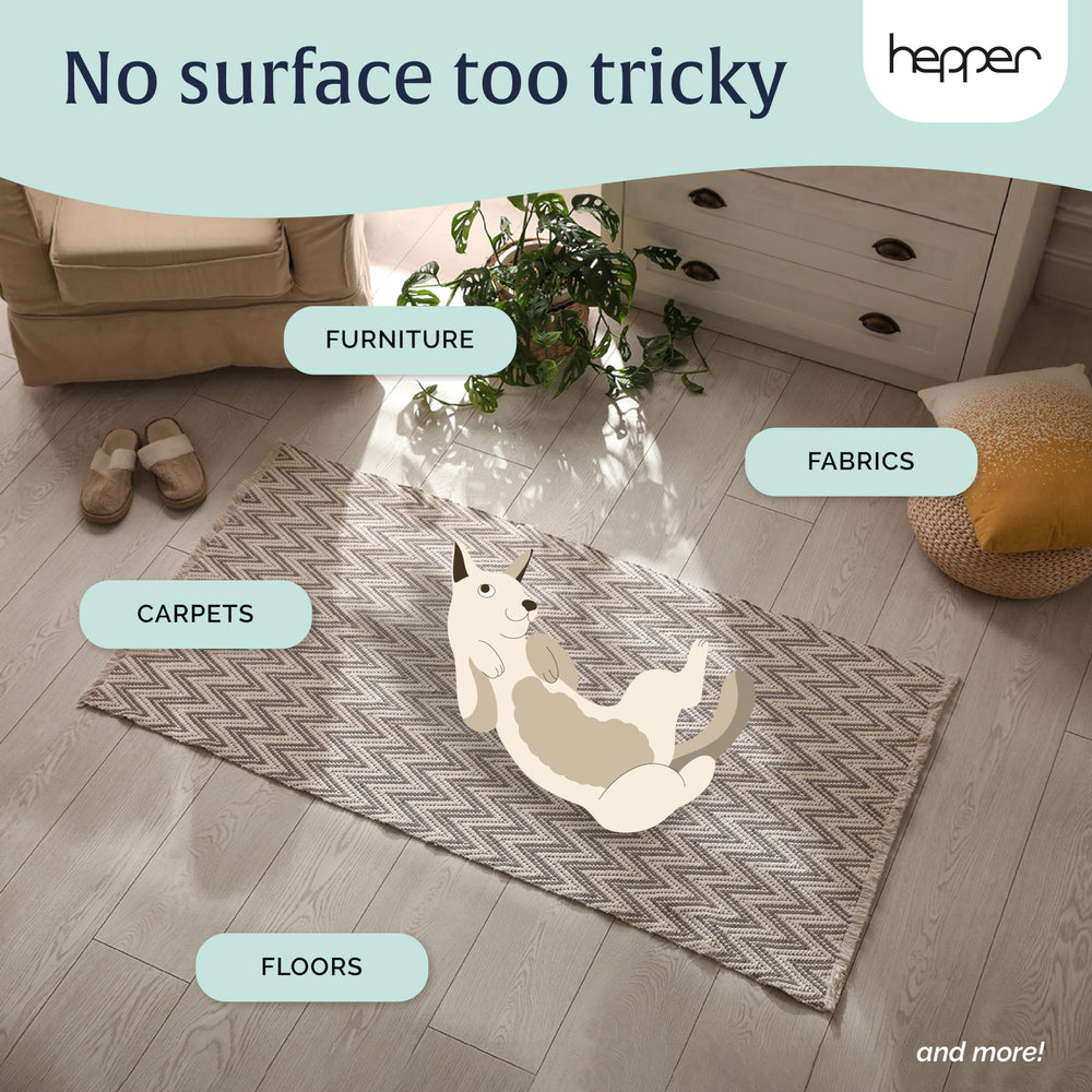 Hepper stain remover applied to sofa fabric showing deep-clean action