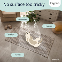 Hepper stain remover applied to sofa fabric showing deep-clean action