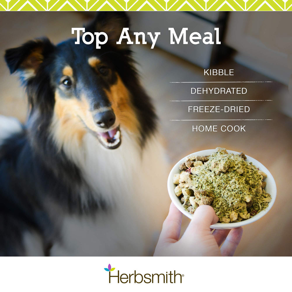 Herbsmith Kibble Seasoning 3oz packaging emphasizes convenient, portable topper.