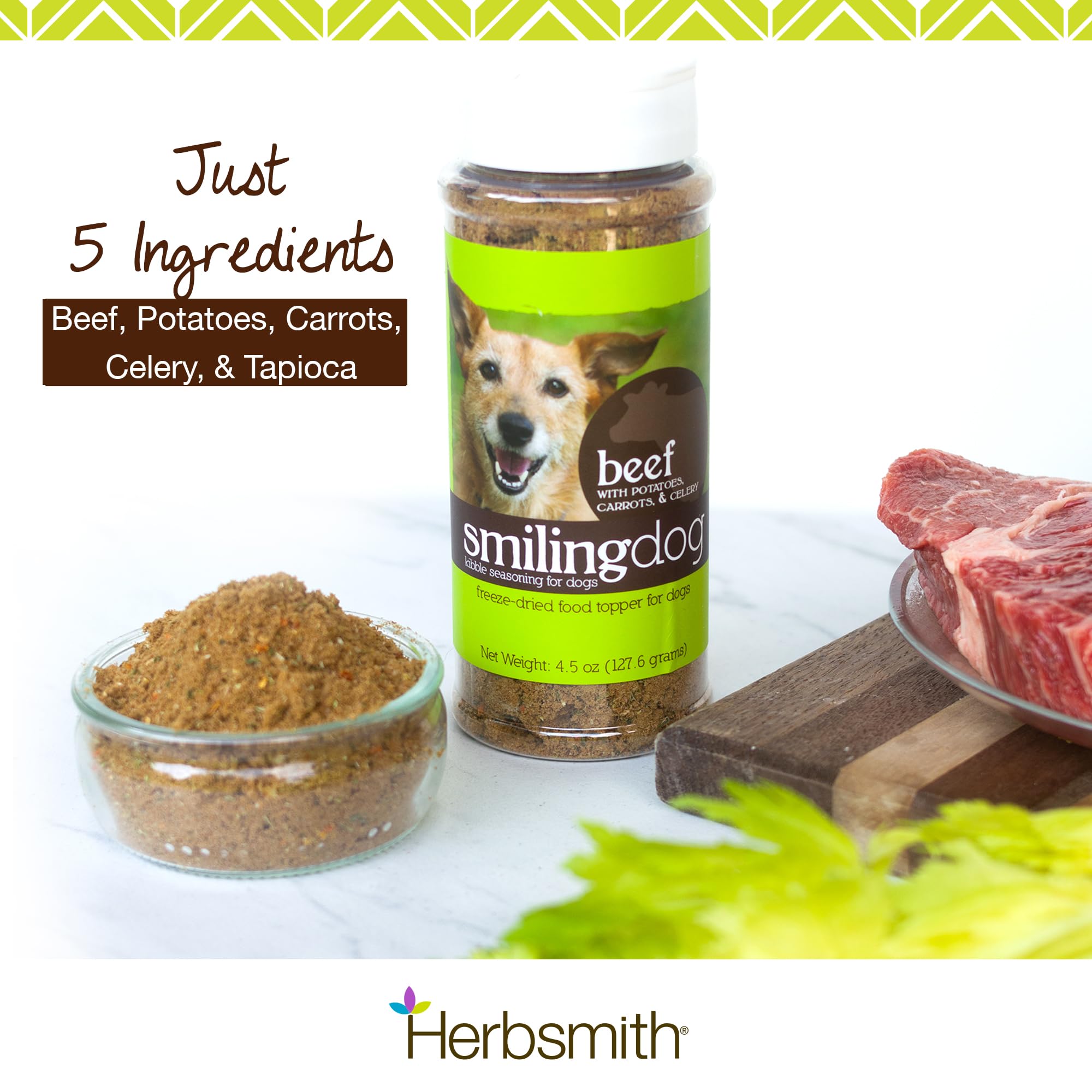Close-up of herbs and beef in Herbsmith Kibble Seasoning ingredients.