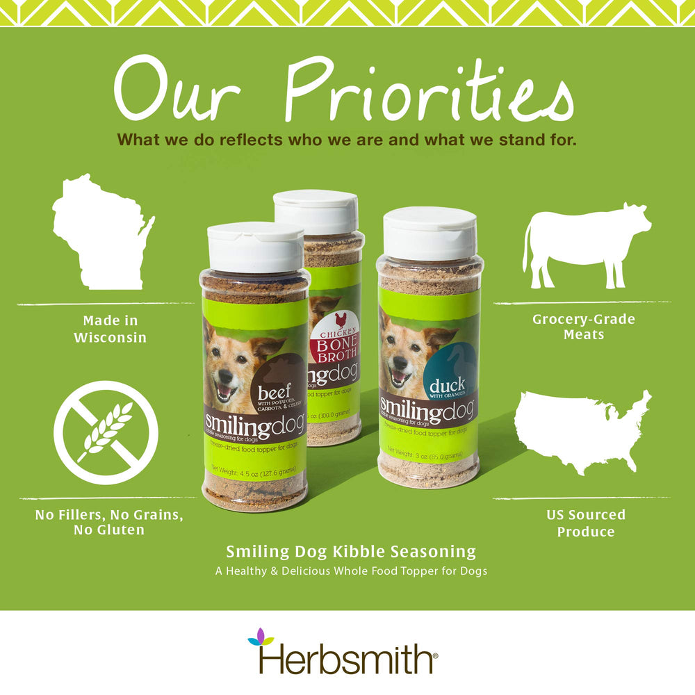 US-sourced ingredients in Herbsmith Kibble Seasoning emphasize transparency and trust.