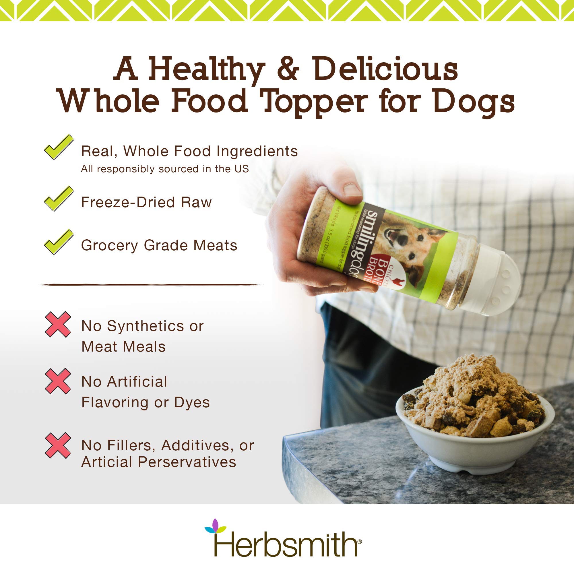 Herbsmith Kibble Seasoning grain-free label highlights no fillers