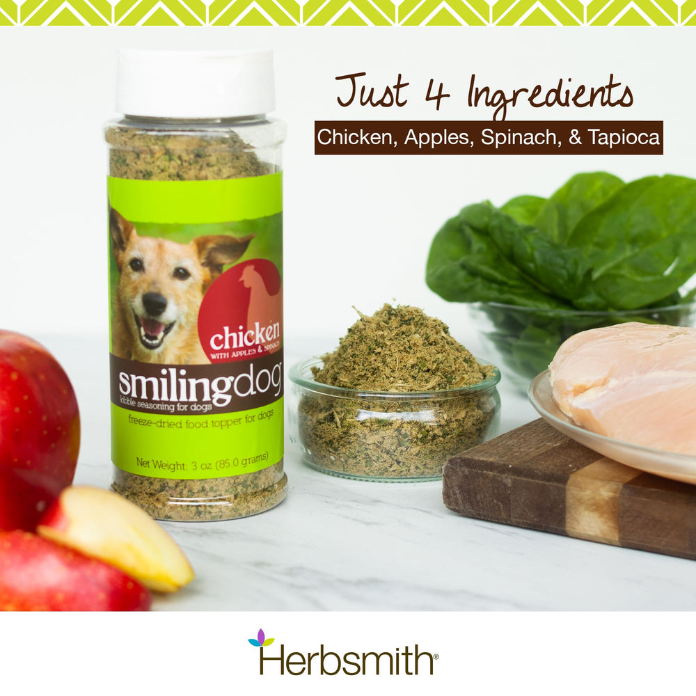 Herbsmith Kibble Seasoning being sprinkled over kibble to boost flavor