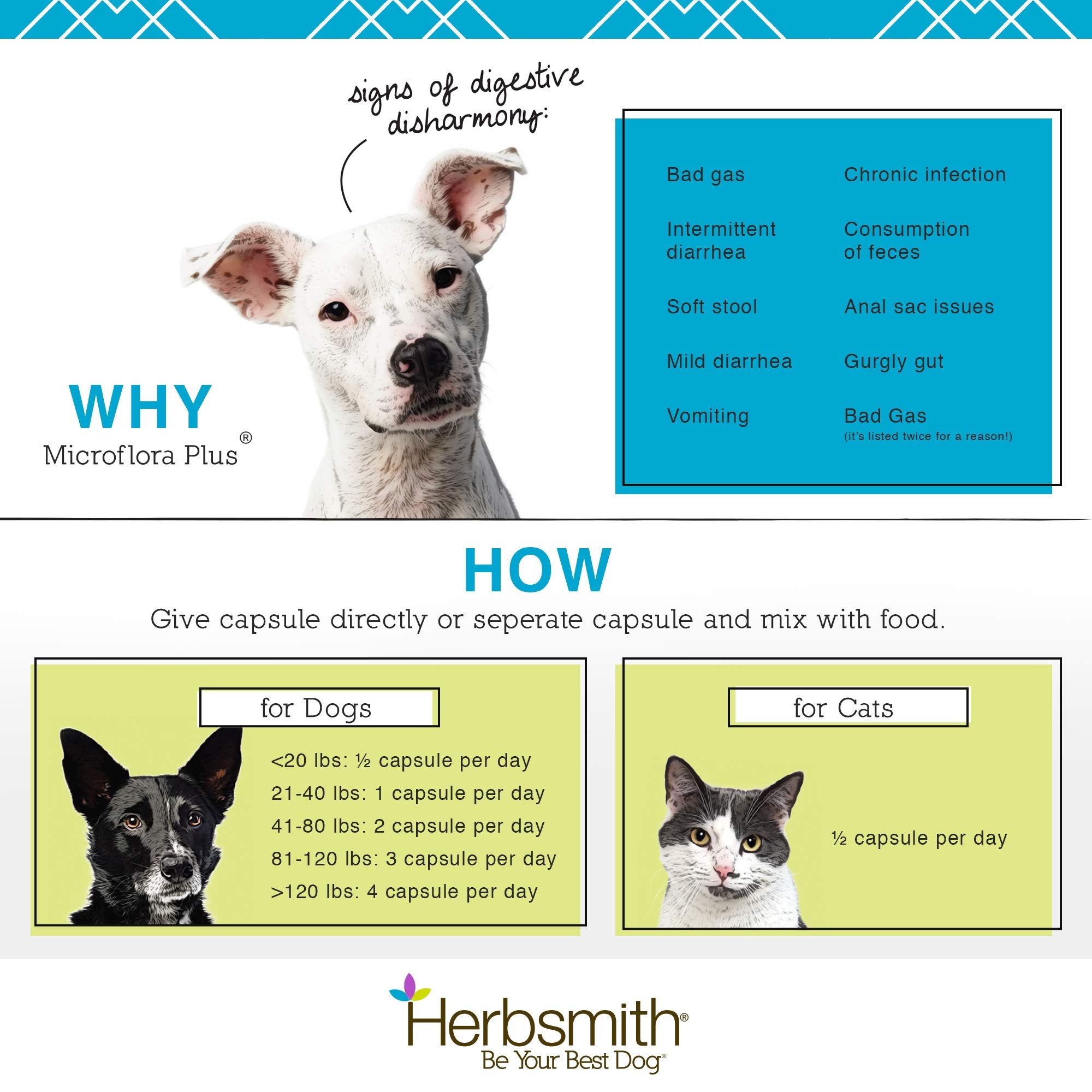Herbsmith Microflora Plus back label communicates vet formulation and USA-made quality.