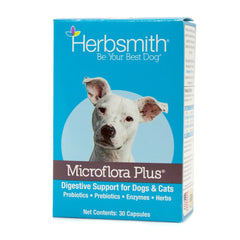 Herbsmith Microflora Plus bottle for daily dog digestion support.